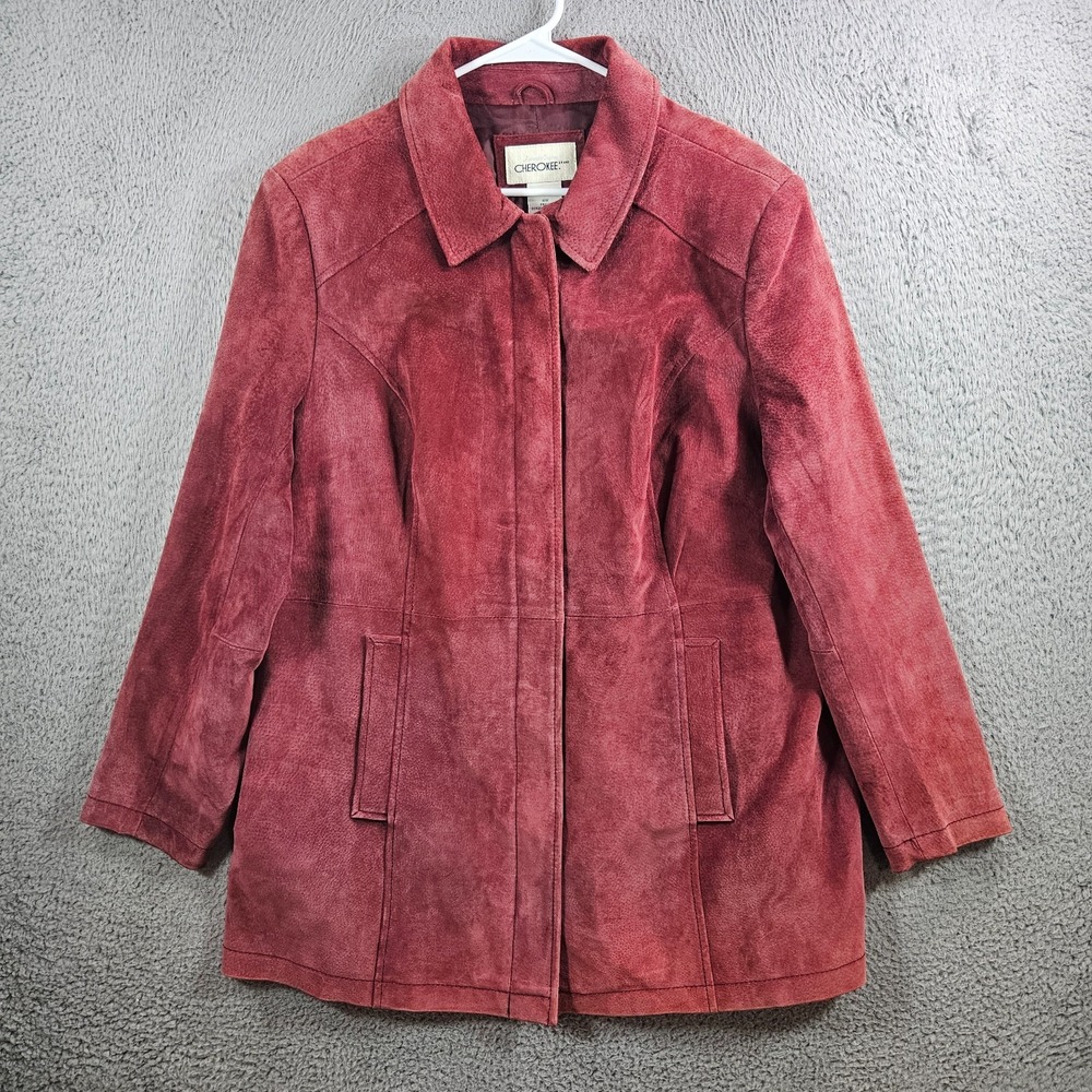 Cherokee Genuine Leather Long Jacket‎ Coat Women 16 Full Zip Maroon Red